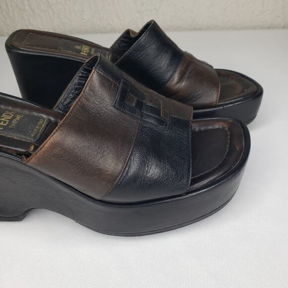 Fendi Platform Slides Sandals Logo Size 5 US Black Brown Vintage Made in Italy - Picture 5 of 15